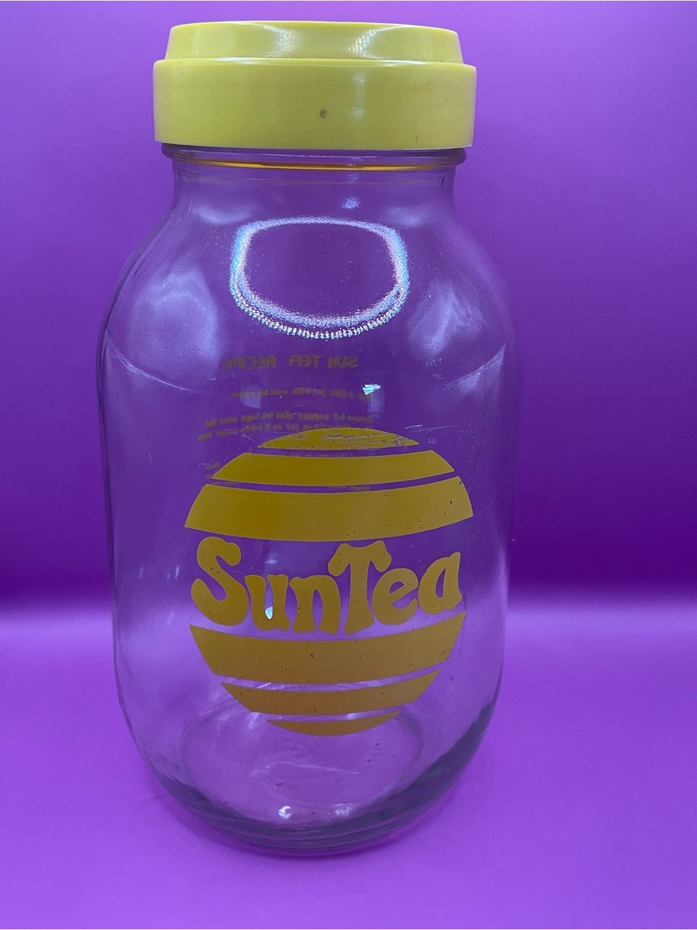 Vtg Sun Tea 3L Glass Jar Jug Yellow Lid Recipe Decanter 70s 80s